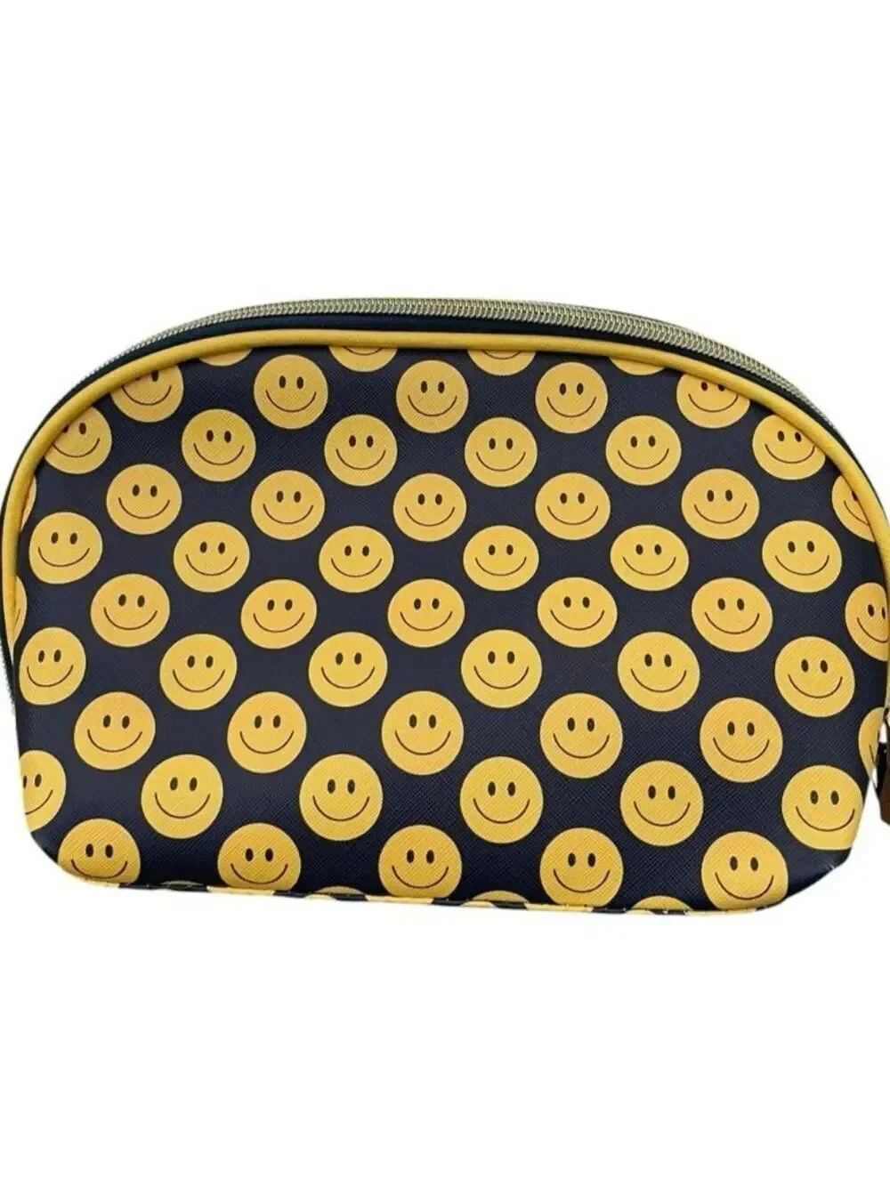 Smiley Face Cosmetic Makeup Travel Bag Zips Black Yellow Happy Face Smile NWT